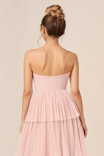 Tulle Candy Pink A Line Strapless Long Bridesmaid Dress