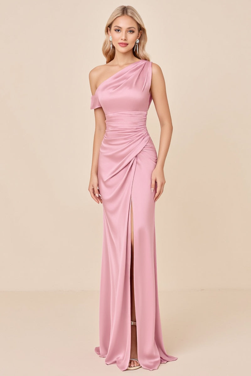 Load image into Gallery viewer, Blush Pink Sheath Satin One Shoulder Long Bridesmaid Dress with Slit