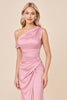 Load image into Gallery viewer, Blush Pink Sheath Satin One Shoulder Long Bridesmaid Dress with Slit