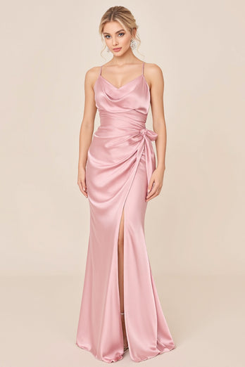 Blush Pink Sheath Satin V-Neck Long Bridesmaid Dress with Slit