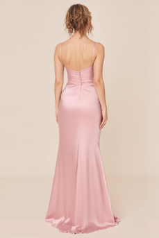 Blush Pink Sheath Satin V-Neck Long Bridesmaid Dress with Slit