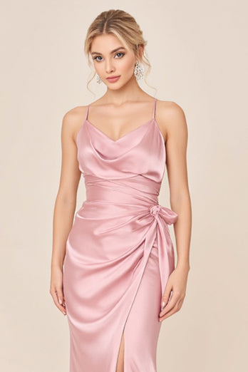 Blush Pink Sheath Satin V-Neck Long Bridesmaid Dress with Slit