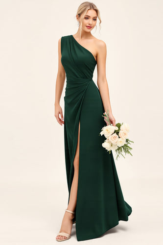 Pine Satin Ruched One Shoulder Long Bridesmaid Dress with Slit