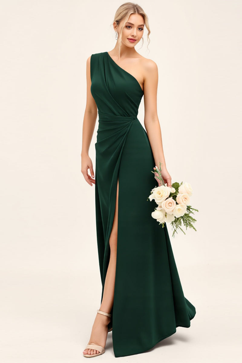 Load image into Gallery viewer, Pine Satin Ruched One Shoulder Long Bridesmaid Dress with Slit