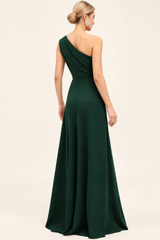 Pine Satin Ruched One Shoulder Long Bridesmaid Dress with Slit