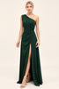 Load image into Gallery viewer, Pine Satin Ruched One Shoulder Long Bridesmaid Dress with Slit