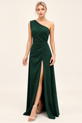 Pine Satin Ruched One Shoulder Long Bridesmaid Dress with Slit