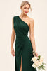 Load image into Gallery viewer, Pine Satin Ruched One Shoulder Long Bridesmaid Dress with Slit