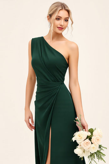 Pine Satin Ruched One Shoulder Long Bridesmaid Dress with Slit