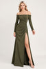 Load image into Gallery viewer, Olive Sheath Satin Long Sleeves Bridesmaid Dress with Slit