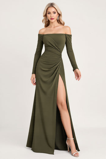 Olive Sheath Satin Long Sleeves Bridesmaid Dress with Slit