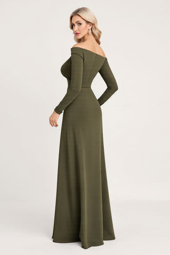 Olive Sheath Satin Long Sleeves Bridesmaid Dress with Slit