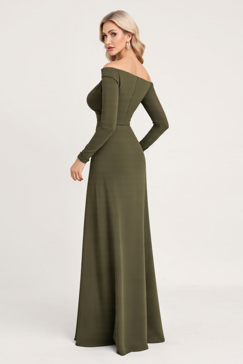 Load image into Gallery viewer, Olive Sheath Satin Long Sleeves Bridesmaid Dress with Slit