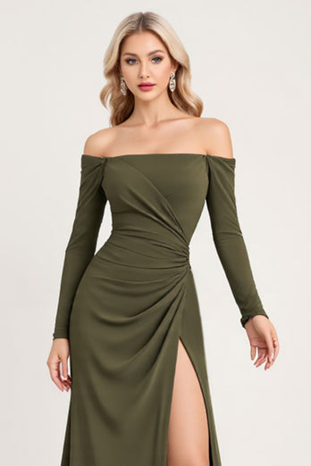 Olive Sheath Satin Long Sleeves Bridesmaid Dress with Slit