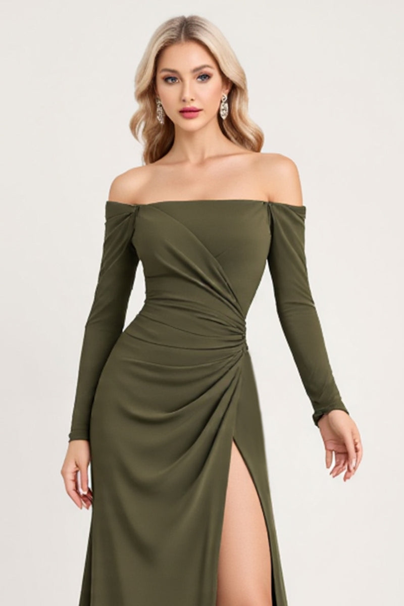 Load image into Gallery viewer, Olive Sheath Satin Long Sleeves Bridesmaid Dress with Slit