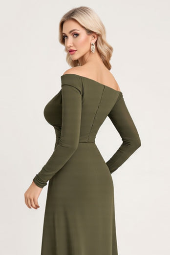 Olive Sheath Satin Long Sleeves Bridesmaid Dress with Slit