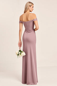 Vintage Mauve Satin Off the Shoulder Bridesmaid Dress with Slit