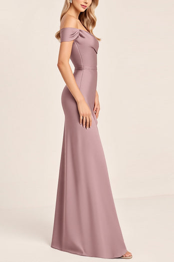 Vintage Mauve Satin Off the Shoulder Bridesmaid Dress with Slit