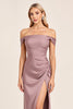 Load image into Gallery viewer, Vintage Mauve Satin Off the Shoulder Bridesmaid Dress with Slit