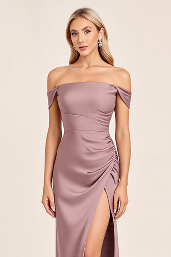 Vintage Mauve Satin Off the Shoulder Bridesmaid Dress with Slit