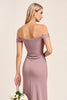 Load image into Gallery viewer, Vintage Mauve Satin Off the Shoulder Bridesmaid Dress with Slit