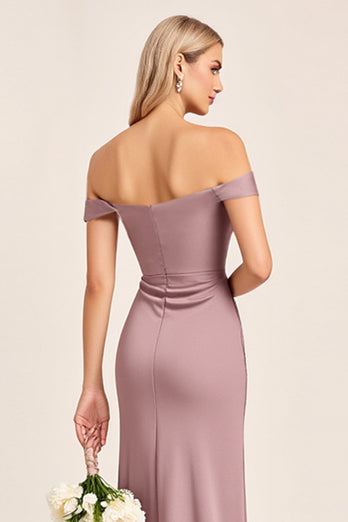 Vintage Mauve Satin Off the Shoulder Bridesmaid Dress with Slit