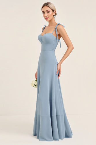 Sky Blue Sheath Satin Backless Long Bridesmaid Dress