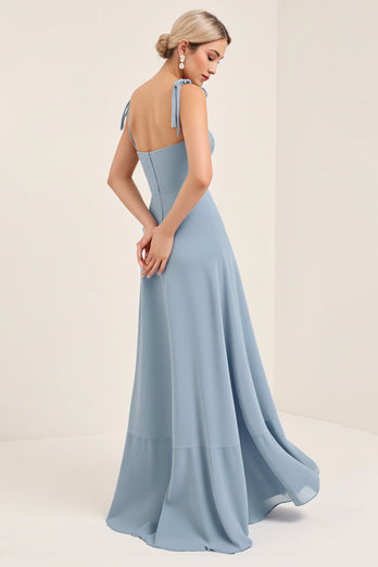 Sky Blue Sheath Satin Backless Long Bridesmaid Dress