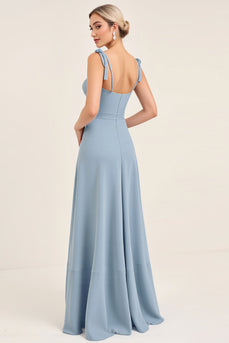 Sky Blue Sheath Satin Backless Long Bridesmaid Dress