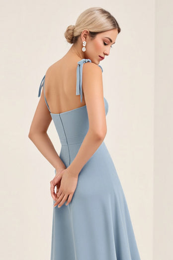 Sky Blue Sheath Satin Backless Long Bridesmaid Dress