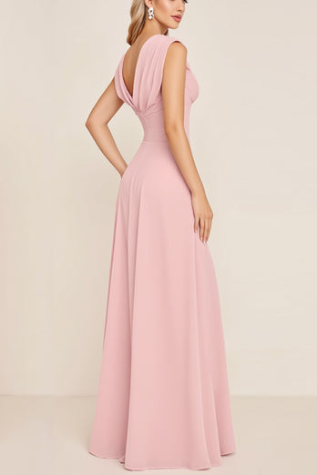 Candy Pink Sheath V-Neck Long Satin Bridesmaid Dress with Slit