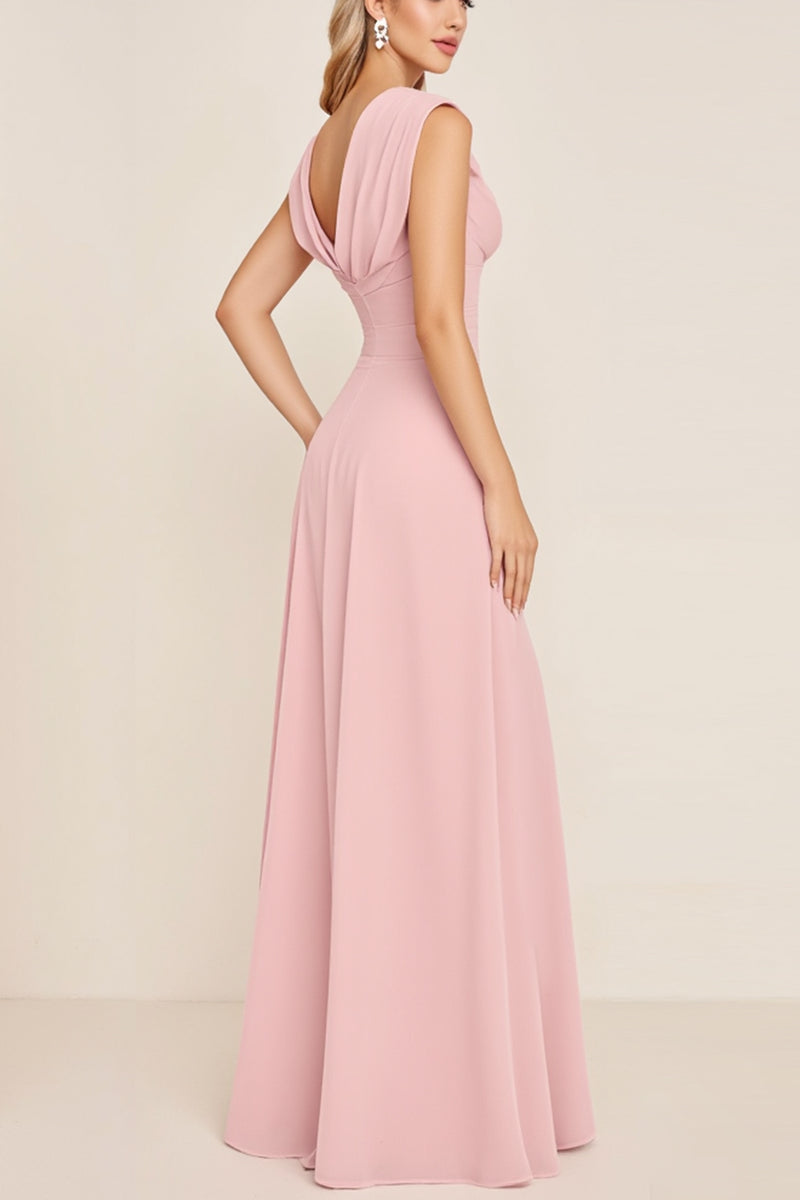 Load image into Gallery viewer, Candy Pink Sheath V-Neck Long Satin Bridesmaid Dress with Slit