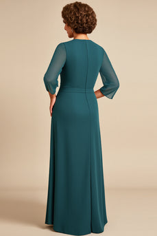 Peacock Boat Neck Sheath Chiffon Long Mother of the Bride Dress