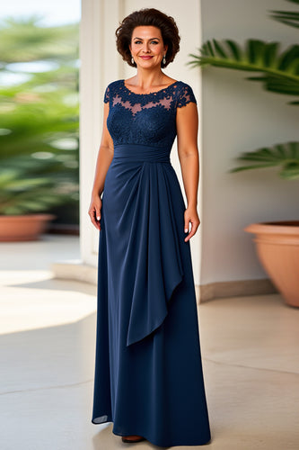 Navy Sheath Ruched Long Mother of the Bride Dress with Lace