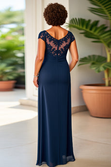 Navy Sheath Ruched Long Mother of the Bride Dress with Lace