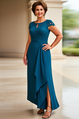 Ink Blue Sheath Chiffon Long Mother of the Bride Dress with Cap Sleeves