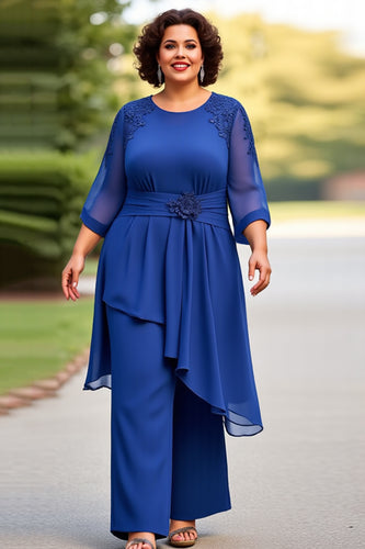 Royal Blue Appliqued Scoop Jumpsuit with 3/4 Sleeves