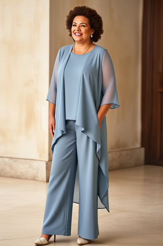 Dusty Blue Chiffon 3/4 Sleeves Jumpsuit Mother of the Bride Dress