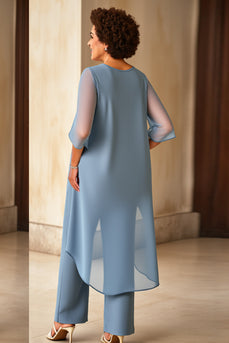 Dusty Blue Chiffon 3/4 Sleeves Jumpsuit Mother of the Bride Dress