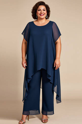 Navy Chiffon Asymmetrical 2 Piece Jumpsuit with Short Sleeves