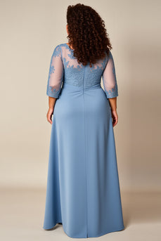 Dusty Blue Appliqued Pleated A Line Mother of the Bride Dress