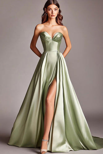 Sweetheart Dusty Sage Satin Long Prom Dress with Slit