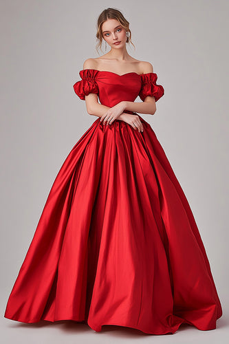 Ball Gown Red Off the Shoulder Long Pleated Prom Dress