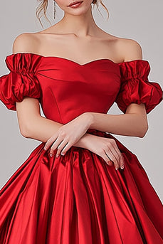 Ball Gown Red Off the Shoulder Long Pleated Prom Dress