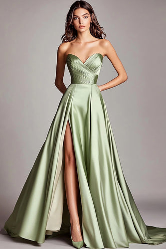 A Line Dusty Sage Sweetheart Strapless Long Prom Dress