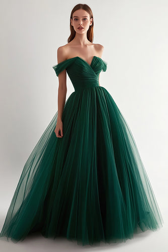 Dark Green Off the Shoulder Ball Gown Long Tulle Prom Dress