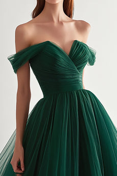 Dark Green Off the Shoulder Ball Gown Long Tulle Prom Dress