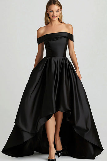 Black Off the Shoulder Satin High-Low Prom Dress