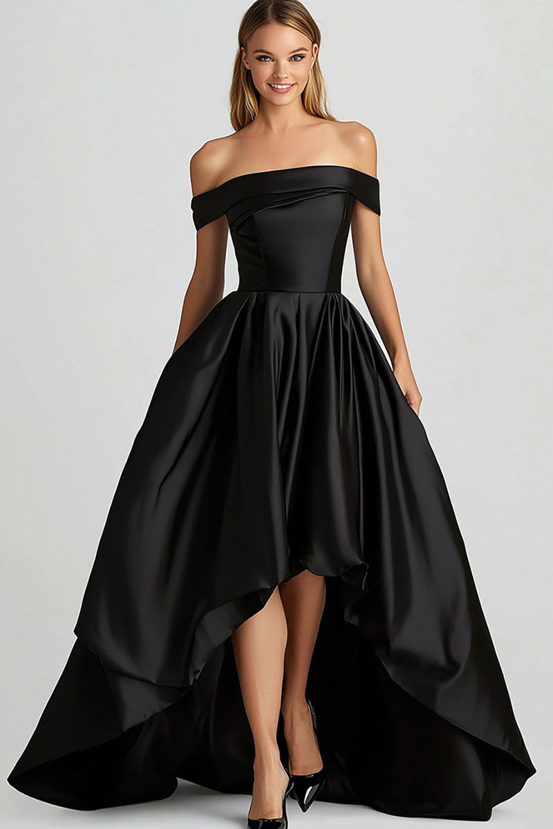 Load image into Gallery viewer, Black Off the Shoulder Satin High-Low Prom Dress