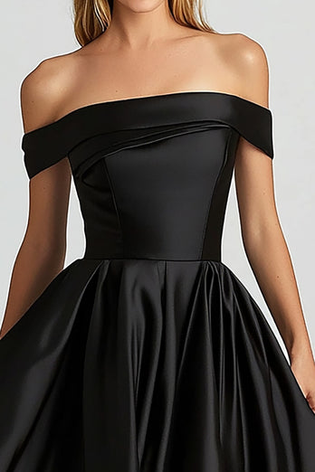 Black Off the Shoulder Satin High-Low Prom Dress